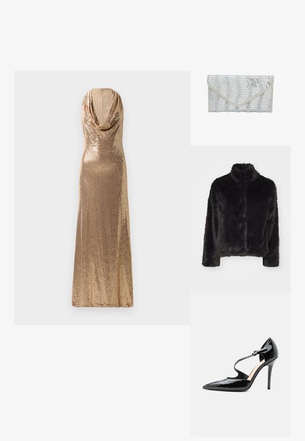 Vero Moda VMMONROE SHORT JACKET - Vinterjakker - black; Gul paljet aftenkjole med draperet halsudskæring og tætsiddende silhuet. Gulvlængde design med lysende tekstur og en slids i siden.; Sort læderhøjhælet sko med spids tå og tynd ankelrem fastgjort med en lille spænde.; faina Clutches - silver coloured