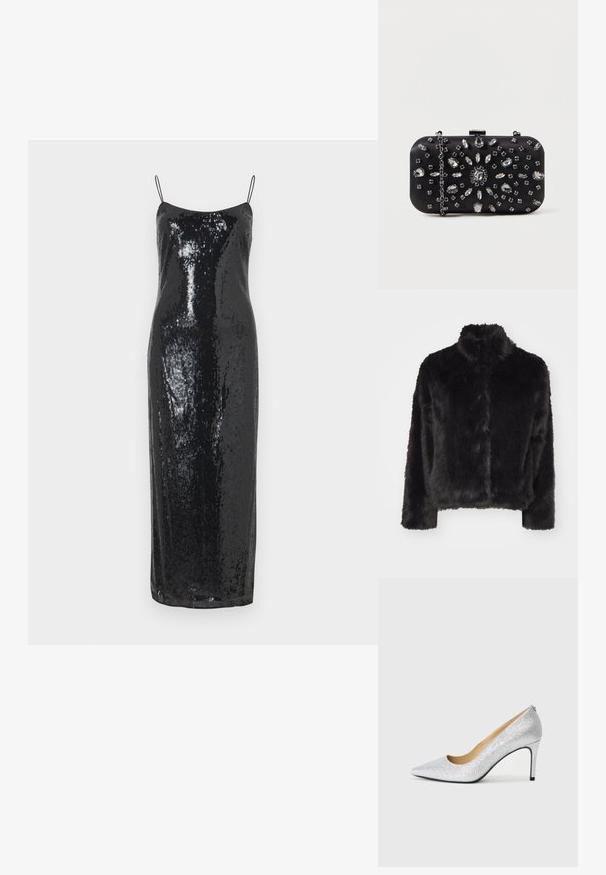 Vero Moda VMMONROE SHORT JACKET - Vinterjakker - black; Sort palietkjole med tætsiddende silhuet, spaghetti-stropper og længde til midt på læggen. Glat tekstur med glitrende overfladedetaljer.; Sølvglitrende højhælede pumps med spids tå og glat inderside. Hælen er tynd og fremhæver det slanke design.; Sort clutch i rektangulær form, pyntet med forskellige rhinsten i et blomsterdesign, med en sølvkæde til at bære.