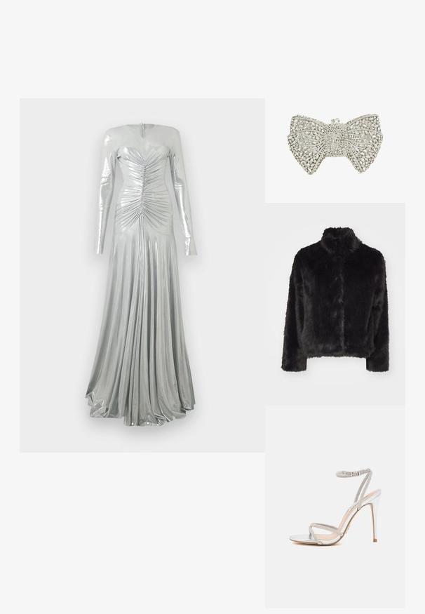 Vero Moda VMMONROE SHORT JACKET - Veste d'hiver - black; Robe longue à manches longues en métal argenté avec des détails froncés sur le corsage et une jupe longue plissée et fluide jusqu'au sol.; Sandale à talons hauts en argent avec des fines lanières, ornée de strass, présentant un design épuré et un bout pointu.; Pochette en forme de nœud en ton argent, ornée de strass transparents et d'un fermoir en cristal sur le dessus.