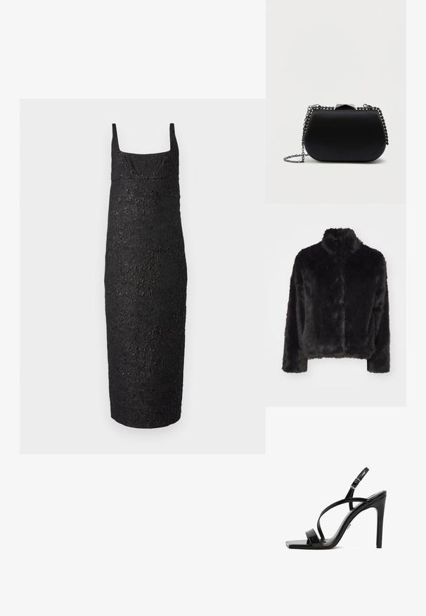 Vero Moda VMMONROE SHORT JACKET - Vinterjakker - black; Sort ärmeløs kjole med firkantet halsudskæring, tætsiddende form, struktureret stof der ligner bark, og knælang kant.; Sort laklæderhøjhælet sandal med firkantet tå, tynde krydsede remme, justerbar ankelrem og stiletthæl.; Sorte clutch taske med en glat, mat finish, afrundet form og en sølv kædetras. Har en geometrisk lukningsdetalje på toppen.