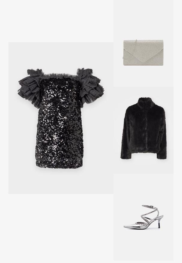Vero Moda VMMONROE SHORT JACKET - Winterjas - black; Zwarte paillettenjurk met een aansluitend ontwerp, korte lengte en rimpelige doorschijnende mouwen. Getextureerde afwerking met sprankelende pailletten overal.; Zilveren pumps met spits toelopende neus, een enkelbandje en decoratieve zilveren bolvormige studs op de bandjes en randen tegen een witte achtergrond.; Metalen zilveren clutch met een envelopontwerp, verrijkt met een gestructureerd patroon, voorzien van een afneembare kettinghengsel.
