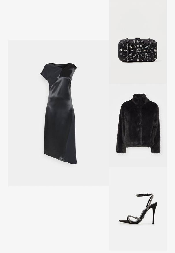 Vero Moda VMMONROE SHORT JACKET - Veste d'hiver - black; Calvin Klein NAIA SHINE MIDI DRESS - Robe de soirée - black; Sandale noire à talons hauts avec des fines lanières ornées de bijoux et une boucle au niveau de la cheville. Matériau en daim, bout ouvert et silhouette fine et pointue.; Pochette noire de forme rectangulaire, ornée de divers strass disposés en motifs floraux, dotée d'une chaîne en argent pour le transport.