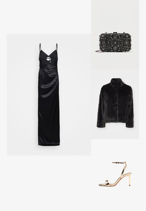 Vero Moda VMMONROE SHORT JACKET - Veste d'hiver - black; Robe de soirée en satin noir avec fines bretelles, décolleté en V, bustier plissé et taille cintrée, présentée sur un fond clair et neutre.; Sandale à talon haut en métal doré avec bride à la cheville et boucle, bout ouvert et talon aiguille mince sur fond blanc.; Pochette noire ornée de rhinestones ronds et ovales de différentes tailles, avec une chaîne en argent et un fermoir.