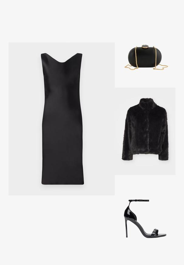 Vero Moda VMMONROE SHORT JACKET - Winterjacke - black; Schwarzes Satin ärmelloses Kleid mit V-Ausschnitt, figurbetontem Schnitt und knielanger Länge. Glatte Textur und minimalistisches Design.; ESTRO Riemensandalette - black; Schwarze ovale Clutch mit glatter Oberfläche, goldener Kettenriemen und rundem schwarz-goldenem Verschluss oben vor weißem Hintergrund.