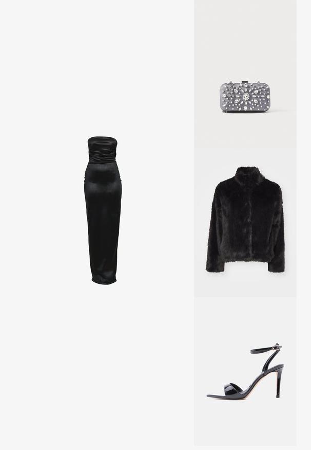 Vero Moda VMMONROE SHORT JACKET - Vinterjakker - black; Sort aftenselskabskjole i satin med stropfri, gulvlængde, rynket talje og figursyet silhuet.; Sort laklæder højhælet sandal med åben tå, ankrem og spænde, vist fra siden på en hvid baggrund.; Lille rektangulær mørkegrå clutch pyntet med klare rhinsten i et strålende mønster og en sølvkæde som strop.