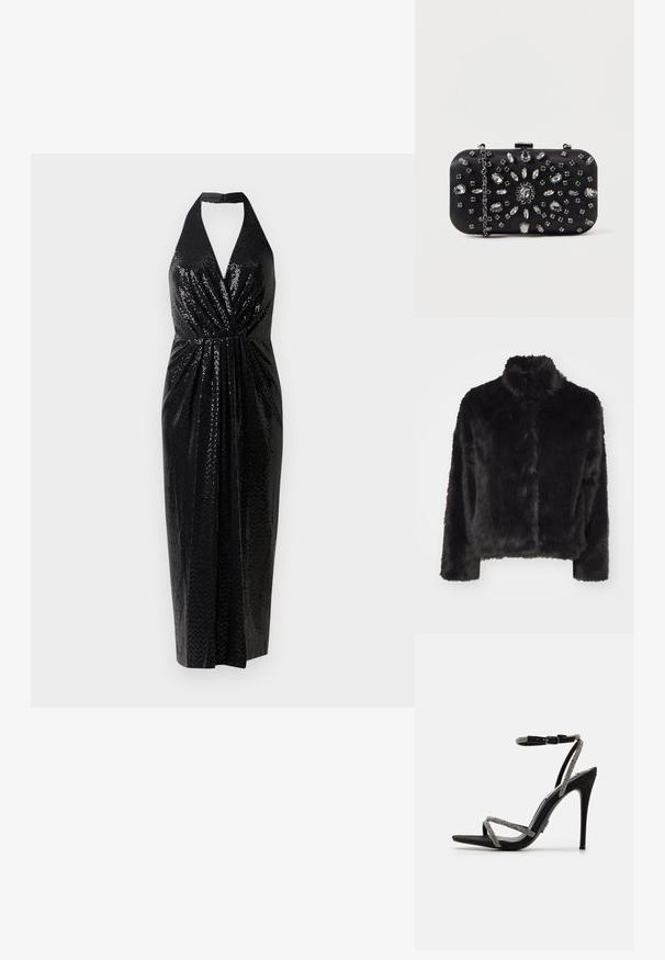 Vero Moda VMMONROE SHORT JACKET - Talvejope - black; Mustmustrihv ja täppidega riidest valmistatud must halterkleit, millel on sügav V-kaelus, kokku tõmmatav vöökoht ja õrnalt kehakohane siluett, mis ulatub keskmise sääreni.; Must mustaga kõrgete kontsadega sandaalid, millel on õhukesed, kaunistatud rihmad ja pahkluu pandla. Nubukmaterjal, avatud varvastega ja stiilne, terav siluett.; Mustvalge käekott, millel on ristküliku kuju, kaunistatud erinevate sädelejate lillemustriga, ning hõbedane keti kandmine.