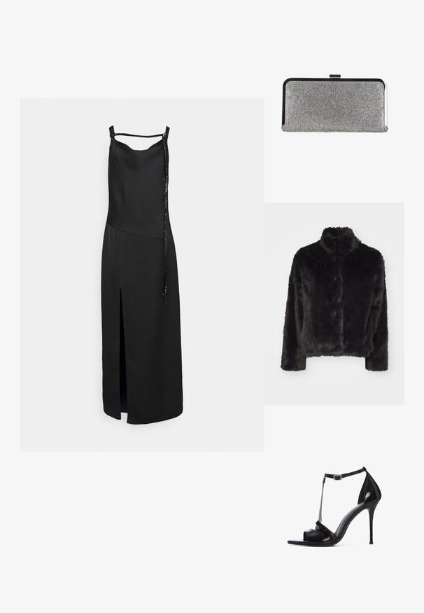 Vero Moda VMMONROE SHORT JACKET - Winterjacke - black; Schwarzes ärmelloses Kleid mit einem Schlitz auf der Vorderseite, das eine glatte Oberfläche und ein dekoratives Bindedetail auf einer Seite aufweist. Einfaches, minimalistisches Design.; Schwarze Lackleder-High-Heel-Sandale mit offener Zehe, T-Riemen-Design, silbernem Kettenakzent und verstellbarem Knöchelriemen.; Rechteckige silberne Clutch-Tasche, bedeckt mit kleinen Strasssteinen, mit einem schwarzen und silbernen Metallrahmen und einem Verschluss.