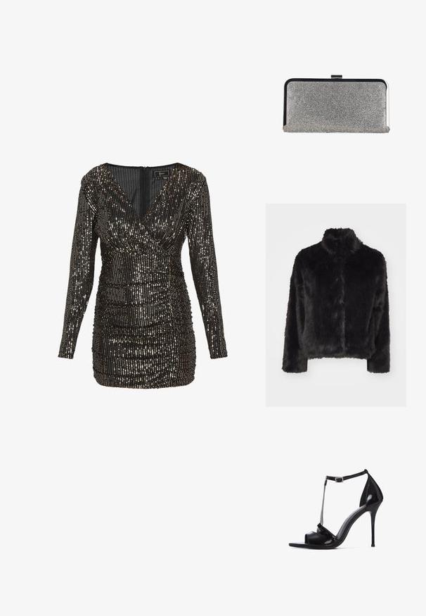 Vero Moda VMMONROE SHORT JACKET - Winterjas - black; Zwarte paillettenjurk met lange mouwen, V-hals, gerimpelde textuur en sprankelende accenten. Ritsluiting aan de achterkant.; Zwarte gepatineerde leren hoge hak sandaal met open teen, T-band ontwerp, zilveren kettingaccent en verstelbare enkelband.; Rechthoekige zilveren clutchtas bedekt met kleine strass-steentjes, met een zwart-zilveren metalen frame en een sluiting met gesp.