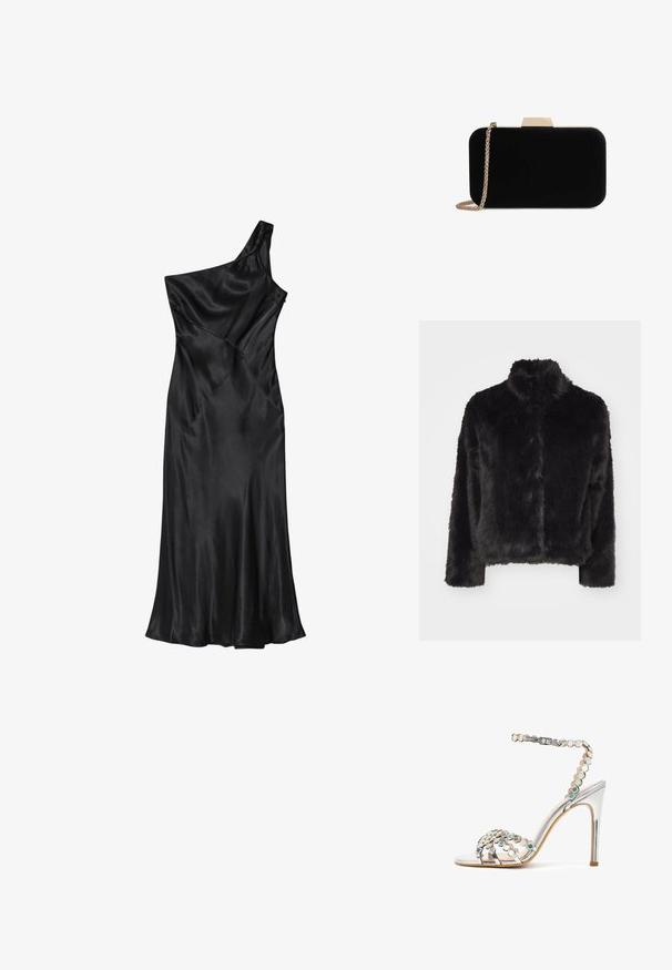 Vero Moda VMMONROE SHORT JACKET - Veste d'hiver - black; Robe asymétrique en satin noir avec un corsage ajusté et une jupe évasée, présentant des coutures diagonales et une texture lisse sur toute la surface.; Derimod WITH RHINESTONE DETAILS - Sandales à talons hauts - silver-coloured; Pochette en velours noir avec quincaillerie dorée, de forme rectangulaire, et une bandoulière en chaîne, présentant une texture lisse et sans motifs visibles.