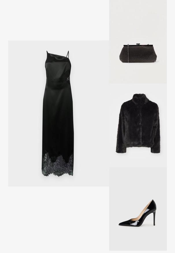 Vero Moda VMMONROE SHORT JACKET - Vinterjakker - black; Sort satin kjole med en enkelt skulderrem, der har en scallop-lace kant og florale lace detaljer på siden. Glat tekstur hele vejen igennem.; Sorte lakerede højhælede sko med en spids tå-design og en strømlinet silhuet. Har en glat, skinnende finish og en slank stiletto-hæl.; Sort mesh clutch-taske med en struktureret silhuet, prydet med små metalstuds, har en låsemekanisme og en aftagelig kæderekke.