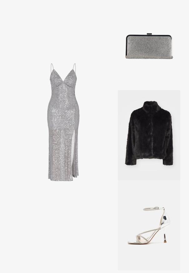 Vero Moda VMMONROE SHORT JACKET - Winterjas - black; Zilveren paillettenjurk met een diep uitgesneden halslijn, dunne bandjes en een hoge split tot aan de dij. Soepele textuur met een nauwsluitend silhouet.; Zilveren hoge hak sandalen met een geschenkdesign, glinsterend materiaal, strassaccenten en een slanke enkelband. Vierkante neus en gepolijste hak.; Rechthoekige zilveren clutchtas bedekt met kleine strass-steentjes, met een zwart-zilveren metalen frame en een sluiting met gesp.