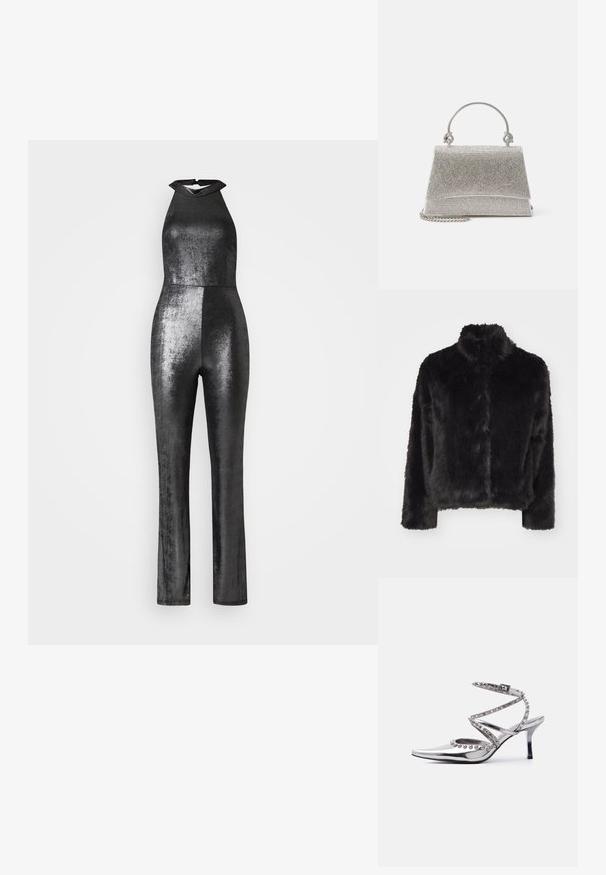 Vero Moda VMMONROE SHORT JACKET - Vinterjakker - black; WAL G. PARTY ROZA HALTER NECK METALLIC - Buksedragter - silver; Sølvfarvet høje hæle sko med spids tå, ankelrem og dekorative sølvkuglestuds på remme og kanter mod hvid baggrund.; ALDO FELISIA - Håndtasker - silver-coloured