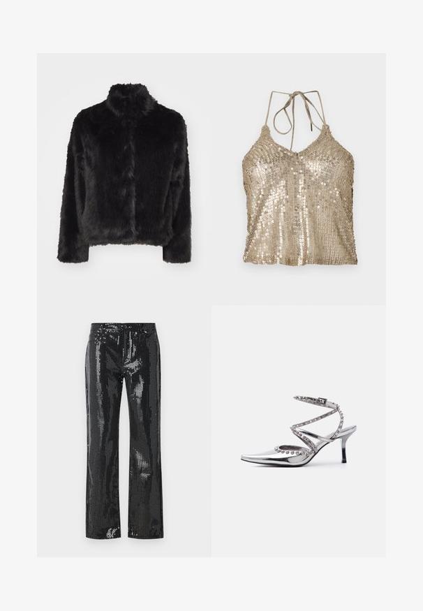 Vero Moda VMMONROE SHORT JACKET - Vinterjakker - black; Guld paliet halter-top med V-hals, justerbare bånd og struktureret overflade. Har en løs pasform og skinnende, refleksive palietter over det hele.; Sorte pailletbukser med et tætsiddende design og en flagrende benform. Stoffet har en skinnende tekstur med et mønster af små, reflekterende skiver.; Sølvfarvet høje hæle sko med spids tå, ankelrem og dekorative sølvkuglestuds på remme og kanter mod hvid baggrund.