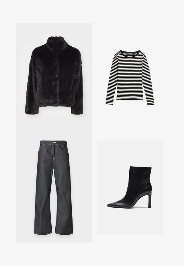 Vero Moda VMMONROE SHORT JACKET - Winterjacke - black; Schwarz-weiß gestreiftes Langarmshirt mit rundem Ausschnitt und weicher Textur. Verfügt über gleichmäßig verteilte horizontale Streifen.; Dunkelgraue Jeanshose mit weitem Bein, vorderen Taschen, Gürtelschlaufen und einem Knopfverschluss mit sichtbaren weißen Nähten.; Zign High Heel Stiefelette - black