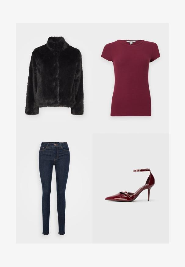 Vero Moda VMMONROE SHORT JACKET - Vinterjakker - black; Kortærmet lilla ribstrikket top med rund hals og tætsiddende silhuet, ensfarvet tekstur, vist på ensartet baggrund.; Mørkeblå skinny jeans lavet af denim, med en høj talje, fem-lomme design og kontrastsyninger langs sømmene.; Bordeaux lakerede højhælede sko med spids tå, ankelrem og dekorative sølvspænde detaljer. Glat tekstur og strømlinet design.