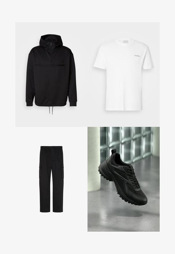 Μαύρη που hoodie με τεταρτοζipper, πλεκτούς καρπούς και ελαστική μέση. Διαθέτει υφασμάτινο λογότυπο στο στήθος. Λείος υφασματικός υφή.; Λευκό βαμβακερό T-shirt με κοντά μανίκια και στρογγυλή λαιμόκοψη. Διαθέτει μικρό μαύρο λογότυπο "Calvin Klein" στη αριστερή πλευρά του στήθους.; Μαύροι cargo παντελόνια με ίσια γραμμή, ελαστική μέση, κούμπωμα με κουμπί και δύο τσέπες με καπάκι στα πλάγια.; Μαύρο αθλητικό παπούτσι με υφή στη σόλα και κορδόνια, αιωρούμενο πάνω από γκρι δάπεδο με φόντο τοίχο από γυάλινους κύβους.