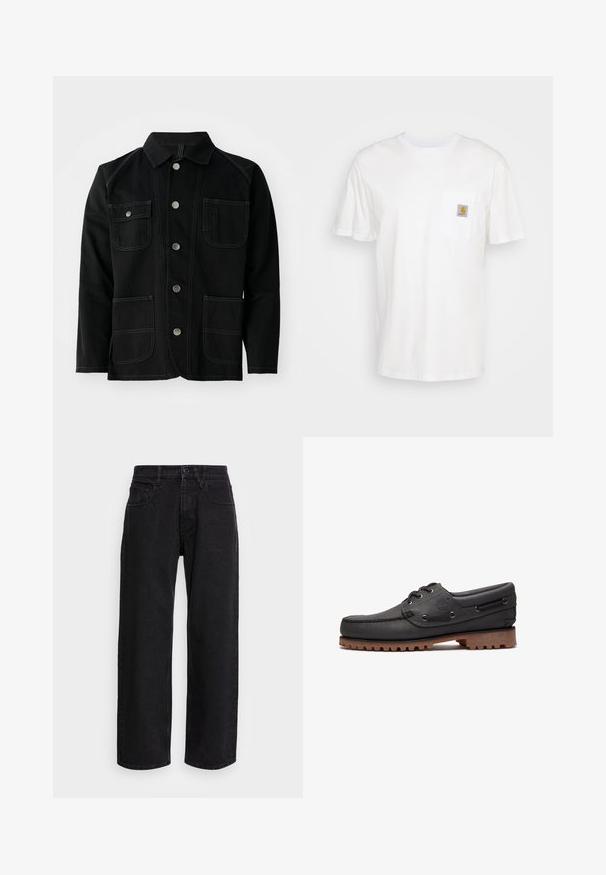 Sort bomuldsjakke med en klassisk krave, fem fronttrykknapper, to store påsatte lommer, kontrasterende syninger og lange ærmer.; Hvid bomulds T-shirt med korte ærmer, en brystlomme, og et lille firkantet logo patch i orange og hvid på lommen.; Sorte denim bukser med bred benlængde og høj talje, der har fem lommer og knaplukning. Stoffet har en glat tekstur og let stræk.; Sort læder bådsko med snøredetaljer, rund tå, struktureret brun gummisål og sydd læderside.