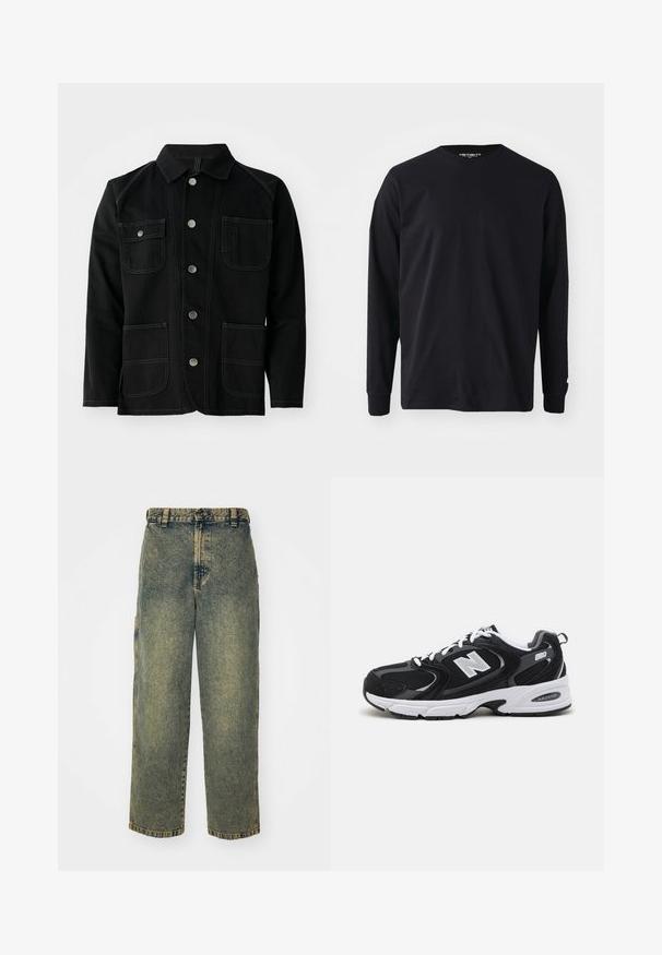 Schwarze Baumwolljacke mit klassischem Kragen, fünf Druckknöpfen auf der Vorderseite, zwei großen aufgesetzten Taschen, kontrastierenden Nähten und langen Ärmeln.; Schwarzes Langarm-T-Shirt aus Baumwolle mit rundem Halsausschnitt und geradem Schnitt, mit einem kleinen Logodetail am Ärmel.; Baggy-Jeans aus Denim in einer verblassten Blauen und Grünen Waschung. Mit Knopfverschluss, Gürtelschlaufen und Seitentaschen. Flaches Vorderteil und gerades Bein-Design.; Schwarze und graue Sportschuhe mit Obermaterial aus Mesh und Wildleder, ausgestattet mit einer weißen Zwischensohle, Schnürsenkeln und einem markanten "N"-Logo an der Seite.