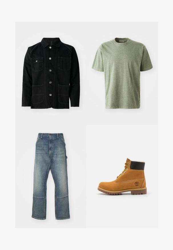 Zwarte katoenjas met een klassieke kraag, vijf drukknopen aan de voorkant, twee grote opgestikte zakken, contrasterende stiksels en lange mouwen.; Olijfgroen katoenen T-shirt met korte mouwen, ronde halslijn en een subtiele textuur. Heeft een klein logotag aan de zijkant.; Lichtblauwe jeans met een relaxte pasvorm, gemaakt van denim. Heeft wijde broekspijpen, grote voorkruiszakken en contrasterende stikdetails.; Bruine leren enkellaars met metalen oogjes, witte faux bont voering, zwarte gewatteerde kraag, robuuste zool en een reliëflogo aan de zijkant.