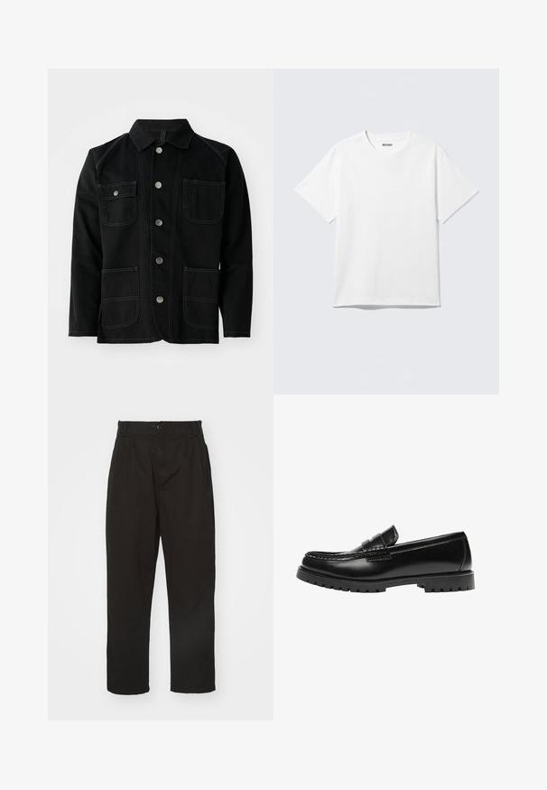 Veste en coton noir avec un col classique, cinq boutons-pression à l'avant, deux grandes poches plaquées, des coutures contrastées et des manches longues.; T-shirt blanc à manches courtes et col rond, étalé à plat, design uni, avec l'étiquette "WEEKDAY" à l'intérieur du col sur un fond clair.; Pantalons noirs en tissu lisse, dotés d'une fermeture à bouton, d'une coupe droite et de deux plis à l'avant pour un détail supplémentaire.; Mocassin en cuir noir avec une semelle en caoutchouc épaisse et un détail classique de bride à monnaie, vu de côté extérieur.