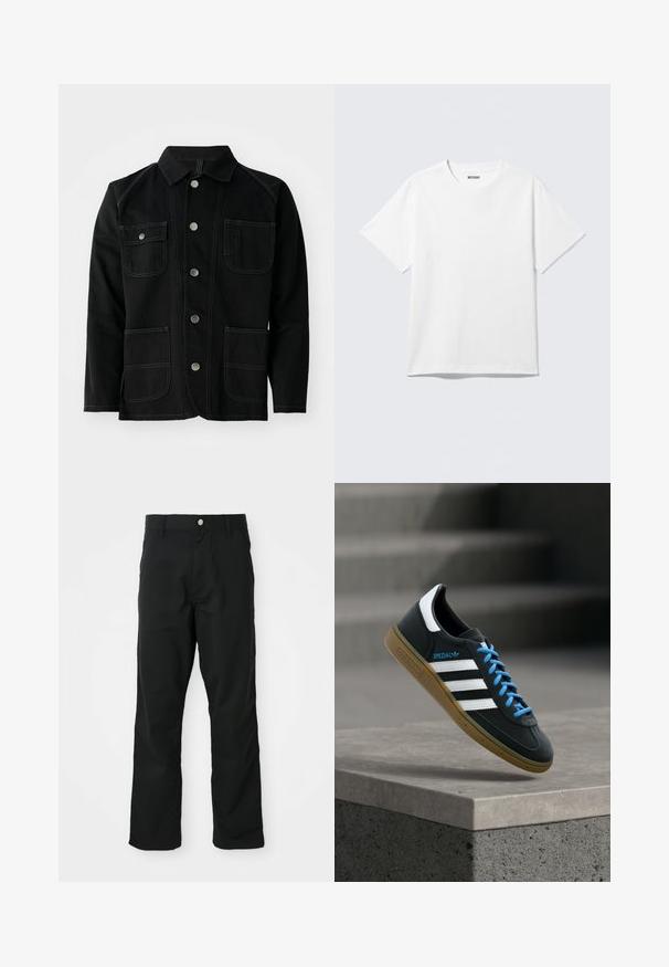 Veste en coton noir avec un col classique, cinq boutons-pression à l'avant, deux grandes poches plaquées, des coutures contrastées et des manches longues.; T-shirt blanc à manches courtes et col rond, étalé à plat, design uni, avec l'étiquette "WEEKDAY" à l'intérieur du col sur un fond clair.; Pantalons noirs à jambes droites avec fermeture à bouton et à zip, passants de ceinture et poches latérales, présentés sur fond blanc.; Baskets Adidas noires avec des rayures blanches, des lacets bleus et une semelle en gomme flottant au-dessus d'une marche en béton grise sous une lumière douce.
