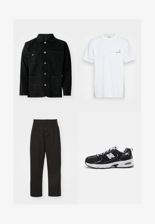 Veste en coton noir avec un col classique, cinq boutons-pression à l'avant, deux grandes poches plaquées, des coutures contrastées et des manches longues.; T-shirt en coton blanc à manches courtes. Doté d'un petit logo orange et bordeaux sur la poitrine gauche. Présente un col rond classique.; Pantalons noirs en tissu lisse, dotés d'une fermeture à bouton, d'une coupe droite et de deux plis à l'avant pour un détail supplémentaire.; Baskets de sport noires et grises avec un tige en mesh et en suède, présentant une semelle intermédiaire blanche, des lacets et un logo "N" audacieux sur le côté.