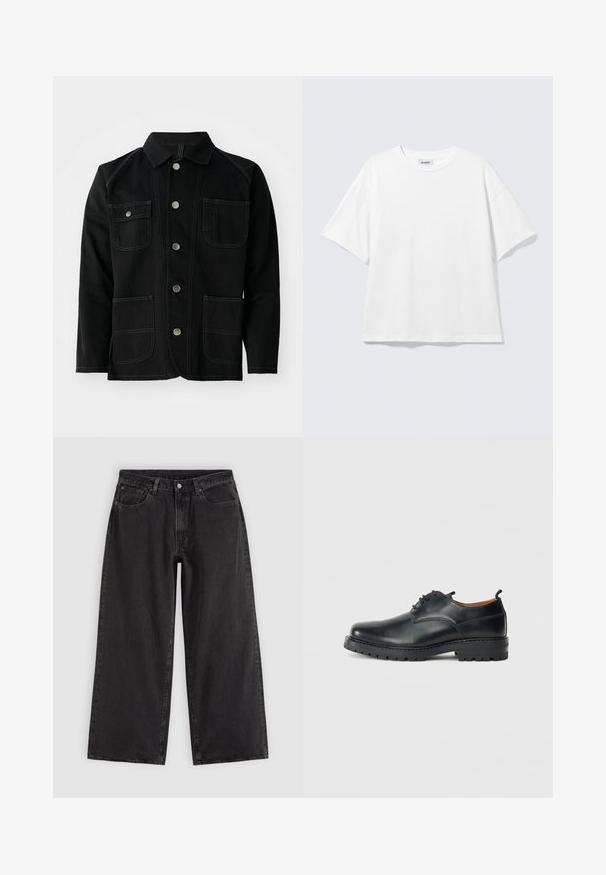 Veste en coton noir avec un col classique, cinq boutons-pression à l'avant, deux grandes poches plaquées, des coutures contrastées et des manches longues.; T-shirt blanc oversize à manches courtes, col rond, épaules tombantes, posé à plat sur fond gris clair.; Jean en denim noir à jambes larges avec poches avant, passants pour ceinture et fermeture par boutons, présenté sur un fond clair uni.; Chaussures derby en cuir noir avec une texture lisse, bout rond, design à lacets et une semelle en caoutchouc épaisse et robuste.