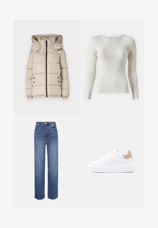 Beige Daunenjacke mit hohem Kragen, Frontreißverschluss und Druckknopftaschen. Der Stoff ist glatt und mit gesteppten Abschnitten.; Rippstrick-Cremesweater mit langen Ärmeln, runder Ausschnitt, figurbetonter Passform und subtiler Textur. Das Markenlabel ist am Ausschnitt sichtbar.; Hellblaue Jeans aus Denim mit hohem Bund, geradem Bein, Fünf-Taschen-Design und dezenten Verwaschungseffekten im Stoff.; Weißer Ledersneaker mit dicker Sohle und beigem Wildleder-Ferseneinsatz, von der Seite auf einfachem hellem Hintergrund gesehen.