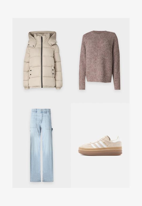 Beige Daunenjacke mit hohem Kragen, Frontreißverschluss und Druckknopftaschen. Der Stoff ist glatt und mit gesteppten Abschnitten.; Brauner, gerippter Strickpullover mit langen Ärmeln und Rundhalsausschnitt. Lässige Passform und weiche Textur, geeignet für die Freizeit.; Helle blaue Jeans-Cargo-Hosen mit geradem Bein, Fronttaschen und Seitentaschen. Der Stoff hat eine subtile verblasste Textur.; Beige Wildleder-Sneaker mit weißen Lederakzenten, versehen mit drei weißen Streifen, einem goldenen Logo und einer dicken, durchsichtigen Gummisohle.