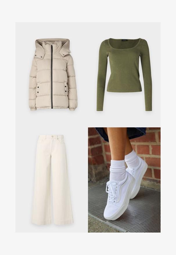 Beige Daunenjacke mit hohem Kragen, Frontreißverschluss und Druckknopftaschen. Der Stoff ist glatt und mit gesteppten Abschnitten.; Olivenfarbene Langarmbluse aus geripptem Stoff, mit einem quadratischen Ausschnitt und taillierter Passform. Auffällige Textur mit dezenten Mustern.; Weite, hellbeige Jeanshose mit hoher Taille, zwei vorderen Taschen, Knopfverschluss und dezenten Nähten.; Weiße Leinensneaker mit Gummisohlen, ausgestattet mit sechs Ösen, runder Zehenpartie und dezenten Nähten, kombiniert mit weißen Knöchelsocken.