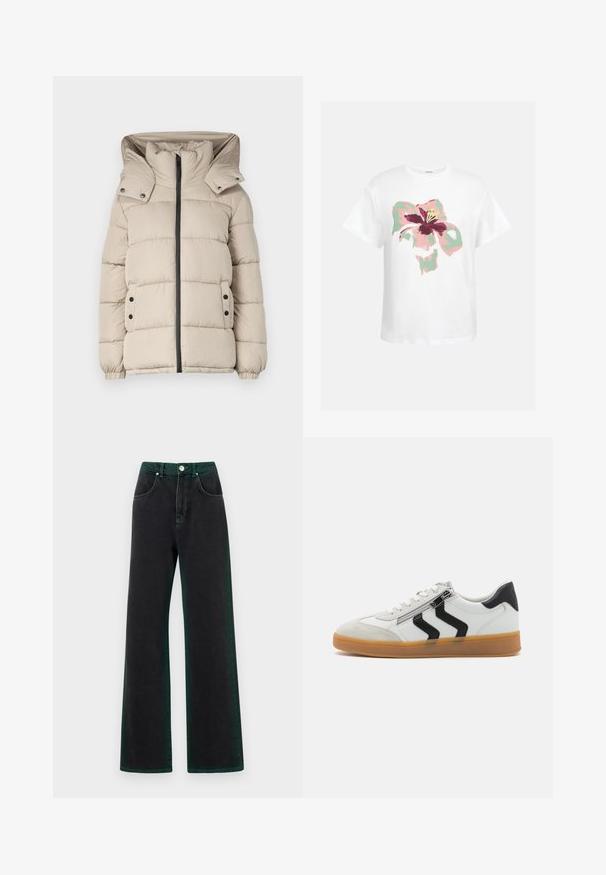 Beige Daunenjacke mit hohem Kragen, Frontreißverschluss und Druckknopftaschen. Der Stoff ist glatt und mit gesteppten Abschnitten.; Weißes kurzärmeliges T-Shirt mit einem großen abstrakten Blumenmuster in Pink, Grün, Bordeaux und Gelb auf der Vorderseite.; Schwarze weit geschnittene Jeans mit grünen Akzenten, aus Jeansstoff, mit hoher Taille, vorderen Taschen und einem Metallknopfverschluss.; Weiße Sneaker mit schwarzen Akzenten, ausgestattet mit einer strukturierten Wildleder-Spitzkappe, seitlichen Reißverschlüssen und einer Gummisohle. Klassisches Low-Top-Design.
