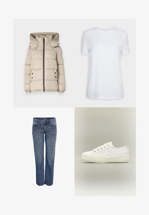 Beige Daunenjacke mit hohem Kragen, Frontreißverschluss und Druckknopftaschen. Der Stoff ist glatt und mit gesteppten Abschnitten.; Schlichtes weißes T-Shirt mit kurzen Ärmeln und Rundhalsausschnitt, normaler Passform und einem kleinen Innenhalsetikett mit der Aufschrift „SELECTED FEMME.“; Blaue Jeans aus Denim mit geradem Schnitt, klassischem Fünf-Taschen-Design, dezenten Nähten und einem Knopfverschluss.; Weißer Sneaker mit niedrigem Schaft, dicker gerippter Sohle, Schnürung vorne und Zuglasche an der Ferse vor neutralem Hintergrund.