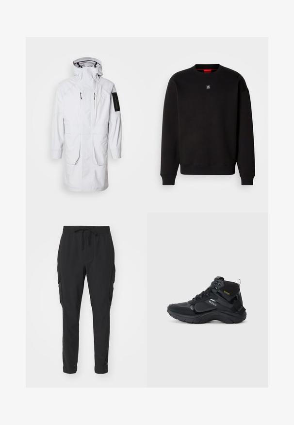 Biely vodotesný parkas s vysokým golierom, nastaviteľnou kapucňou, dvoma prednými vreckami a vreckom na zips na rukáve. Má elegantnú, hladkú tkaninu.; Čierna mikina vyrobená z mäkkej tkaniny s okrúhlym výstrihom, rebrovanými manžetami a malým štvorcovým logom na hrudi. Obsahuje červený vnútorný golier.; Čierne cargo nohavice z ľahkej tkaniny. Elastický pás s šnúrkou na stiahnutie. Zúžený strih nohavíc a bočné vrecká. Hladká textúra.; Čierna vysoká teniska s textúrovanými panelmi, s logom „Hugo“ na boku, so šnurovaním a štítkom „Hydroguard“ pri členku.