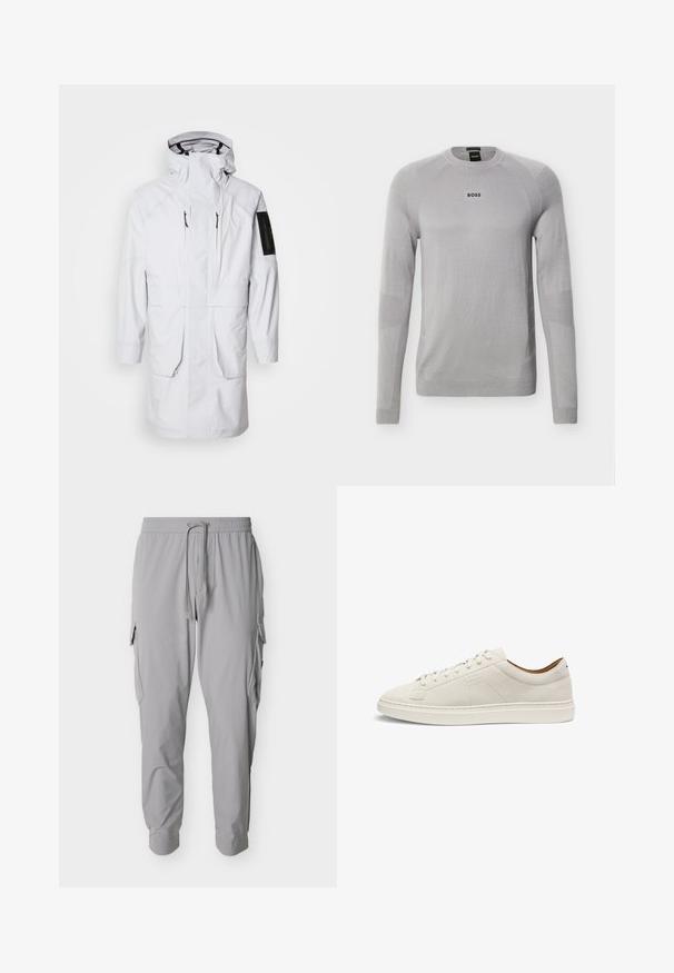 Biely vodotesný parkas s vysokým golierom, nastaviteľnou kapucňou, dvoma prednými vreckami a vreckom na zips na rukáve. Má elegantnú, hladkú tkaninu.; Svetlosivý sveter s dlhým rukávom a okrúhlym výstrihom, s jemnými textúrovanými detailmi a čiernym logom „BOSS“ umiestneným v strede na hrudi.; Svetlosivé nohavice typu cargo s elastickým pásom, sťahovacou šnúrkou, bočnými vreckami s chlopňami a zúženými členkami.; Nízke béžové tenisky z semišu s krížovými šnúrkami, plochou podrážkou a jemne vyrazeným logom "BOSS" na boku, zobrazené z profilu.