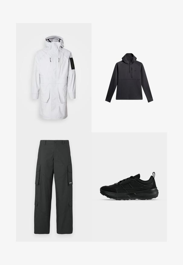 Weißer wasserdichter Parka mit hohem Kragen, verstellbarem Kapuzen, zwei Fronttaschen und einer Reißverschlusstasche am Ärmel. Ausgestattet mit einem eleganten, glatten Stoff.; Schwarzer Pullover mit Kapuze, ausgestattet mit einem Viertel-Reißverschluss auf der Vorderseite, Raglanärmeln und einer mit Reißverschluss versehenen Brusttasche; glatte Textur und sportliches Design.; Schwarze gerade Cargo-Hosen mit seitlichen Klappentaschen, Druckknopfverschluss, Gürtelschlaufen und kleinem weißen Logo auf der Klappentasche rechts.; Schwarzer sportlicher Sneaker mit Mesh- und synthetischem Obermaterial, Schnürverschluss, gepolstertem Kragen und dicker Gummisohle, seitlich dargestellt.