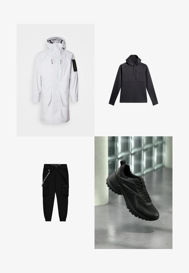 Witte waterdichte parka met een hoge kraag, verstelbare capuchon, twee voorzakken en een met rits sluitende mouwzak. Gekarakteriseerd door een stijlvolle, gladde stof.; Zwarte trui met een capuchon, voorzien van een kwart-rits aan de voorkant, raglanmouwen en een ritsvak op de borst; gladde textuur en atletisch ontwerp.; Zwarte cargobroek van lichtgewicht stof, met twee zijzakken, een elastische tailleband en verstelbare enkelmanchetten.; Zwarte sportieve sneaker met gestructureerde zool en veters, zwevend boven een grijze vloer met op achtergrond een glazen metselblokwand.