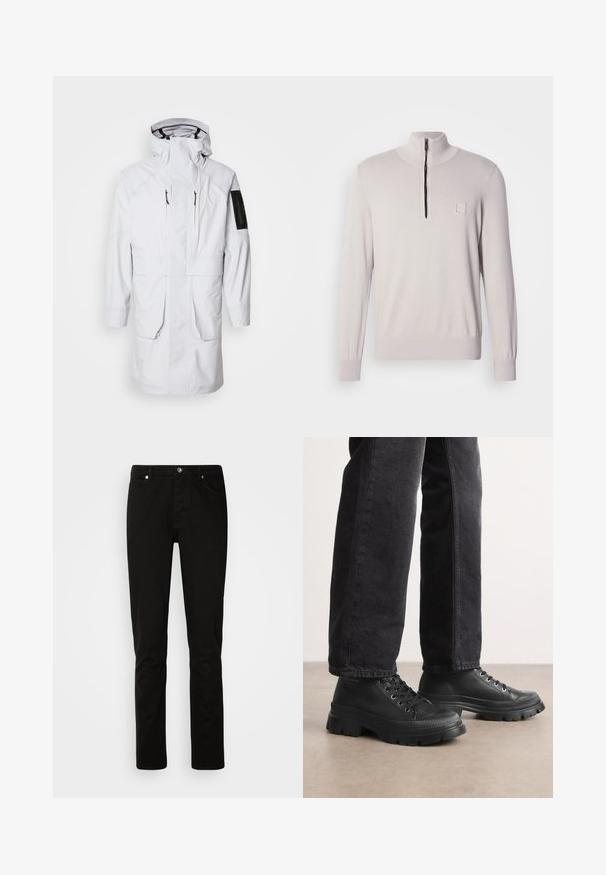 Witte waterdichte parka met een hoge kraag, verstelbare capuchon, twee voorzakken en een met rits sluitende mouwzak. Gekarakteriseerd door een stijlvolle, gladde stof.; Lichtbeige trui met een hoge kraag en een halve ritssluiting aan de voorkant. Gebreide stof met geribbelde manchetten en een klein logoplaatje op de borst.; Zwarte denimbroek met een slim fit, voorzien van een ritssluiting en een vijf-pocket ontwerp. Soepele textuur en stevige stikseldetails.; Zwarte vetersneakers met een chunky, getextureerde zool en een glad bovendeel. Voorzien van metalen veterogen en een ribbelaccent rond de teen.