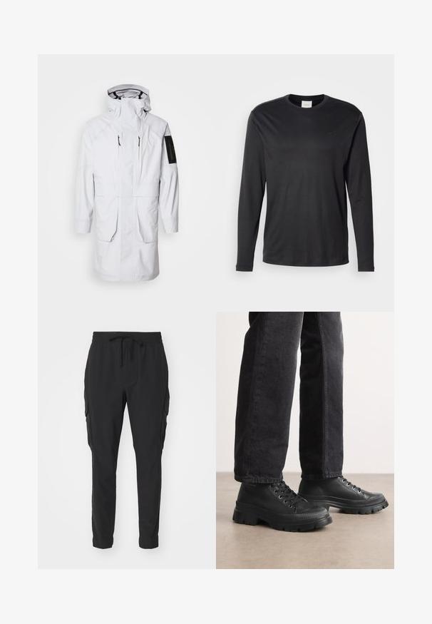 Witte waterdichte parka met een hoge kraag, verstelbare capuchon, twee voorzakken en een met rits sluitende mouwzak. Gekarakteriseerd door een stijlvolle, gladde stof.; Zwarte longsleeve crewneck shirt van Calvin Klein met klein CK-logo op de linkerborst, weergegeven op een witte achtergrond.; Zwarte cargobroek van lichtgewicht stof. Elastische tailleband met trekkoord. Tapered leg design en zijzakken. Glad oppervlak.; Zwarte vetersneakers met een chunky, getextureerde zool en een glad bovendeel. Voorzien van metalen veterogen en een ribbelaccent rond de teen.