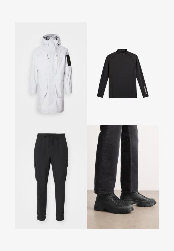 Parka blanca impermeable con cuello alto, capucha ajustable, dos bolsillos frontales y un bolsillo con cremallera en la manga. Con tejido suave y elegante.; Camiseta negra deportiva de manga larga con cuello alto falso, corte ajustado y logo blanco "J.Lindeberg" en la manga izquierda y el cuello.; Pantalones cargo negros de tela ligera. Cintura elástica con cordón. Diseño de pierna ajustada y bolsillos laterales. Textura suave.; Zapatillas negras con cordones, con una suela gruesa y texturizada y una parte superior lisa. Presentan ojales de metal y un acento estriado alrededor de la puntera.
