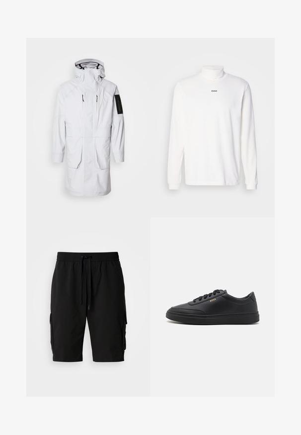 Parka blanca impermeable con cuello alto, capucha ajustable, dos bolsillos frontales y un bolsillo con cremallera en la manga. Con tejido suave y elegante.; Camisa de cuello alto de manga larga blanca, hecha de una tela suave, con un sutil logo negro "HUGO" en la parte delantera y puños ajustados.; Pantalones cortos cargo negros hechos de tejido ligero, con una cinturilla elástica, cordón y bolsillos laterales cargo para almacenamiento adicional.; Zapatillas de cuero negro con una textura suave, punta redondeada, suela plana de goma y cordones a tono. Presentan el logotipo dorado "BOSS" en el lateral.