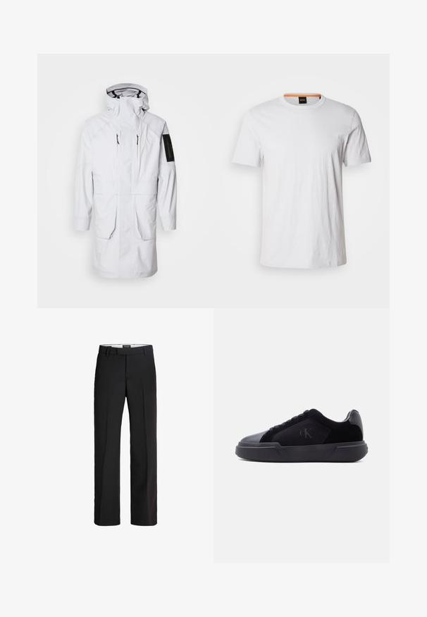 Witte waterdichte parka met een hoge kraag, verstelbare capuchon, twee voorzakken en een met rits sluitende mouwzak. Gekarakteriseerd door een stijlvolle, gladde stof.; Witte korte mouwen t-shirt van zachte katoen, met een ronde halslijn en subtiele logo-details in bijpassend wit op de voorkant.; Zwarte broek met een verfijnde pasvorm; heeft een platte voorkant, twee zijzakken en een gladde textuur; gemaakt van een lichtgewicht, ademend materiaal.; Zwarte lage sneaker met dikke zool, veters aan de voorkant en een subtiel "cK"-logo op het zijpaneel.
