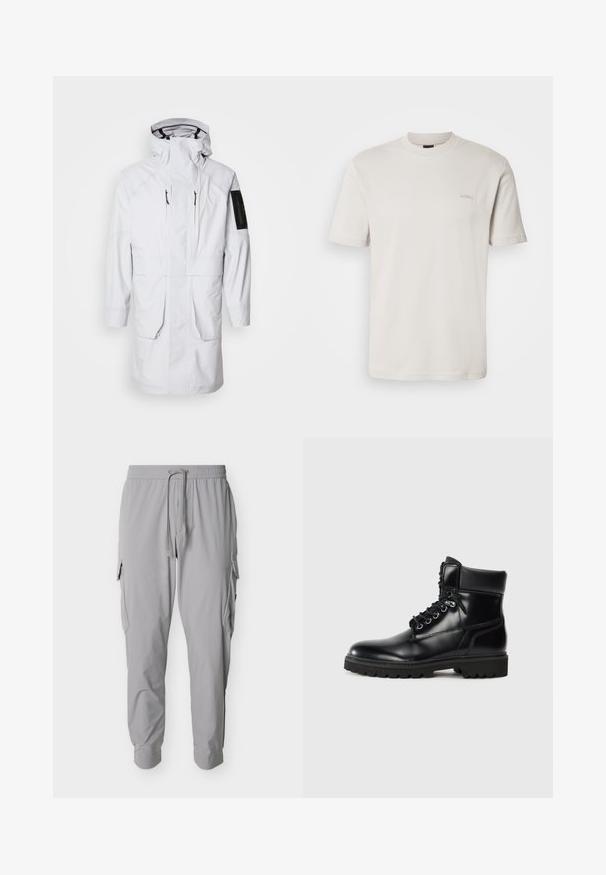 Biely vodotesný parkas s vysokým golierom, nastaviteľnou kapucňou, dvoma prednými vreckami a vreckom na zips na rukáve. Má elegantnú, hladkú tkaninu.; Jednoduché svetlo béžové tričko s krátkym rukávom a okrúhlym výstrihom, s malým vyšívaným logom "BOSS" na ľavej strane hrude.; Svetlosivé nohavice typu cargo s elastickým pásom, sťahovacou šnúrkou, bočnými vreckami s chlopňami a zúženými členkami.; Čierne kožené členkové topánky s lesklým povrchom, šnurovací dizajn, vypolstrovaný golier a robustná guma s protišmykovými gripmi.