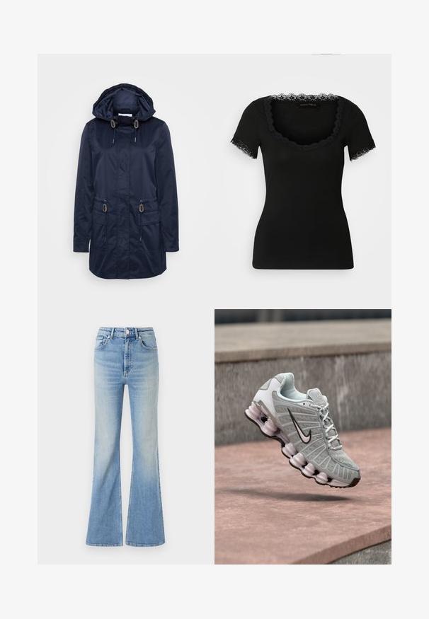 Mørkeblå vandtæt jakke med hætte, to forlommer, justerbare snore, glat tekstur og hardware accenter i sølvfarve.; Sort kortærmet t-shirt med blondekant ved halsudskæringen og ærmekanten, lavet af blødt materiale og med et tætsiddende design.; Lyseblå flared jeans lavet af denim, med høj talje, fem-lommekonstruktion og en subtil gradientafblegning mod kanten.; Lysegrå Nike-sneaker med sort swoosh-logo, hvide snørebånd og karakteristisk forårsagtig sål, vist svævende over en stensurface.