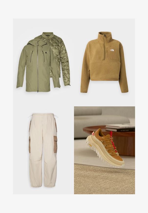 Veste d'extérieur verte avec une doublure matelassée amovible, poches zippées et capuche ajustable. Coque extérieure texturée et doublure lisse.; Pull-over en polaire beige avec col à demi-fermeture éclair, poche avant et ourlet élastique ; présente une surface douce et texturée avec un accent de logo blanc.; BDG Urban Outfitters CONTRAST - Pantalon cargo - beige; Chaussure de randonnée marron et beige avec languette rouge, semelle blanche épaisse et lacets style corde, flottant au-dessus d'un tapis beige tissé à l’intérieur.