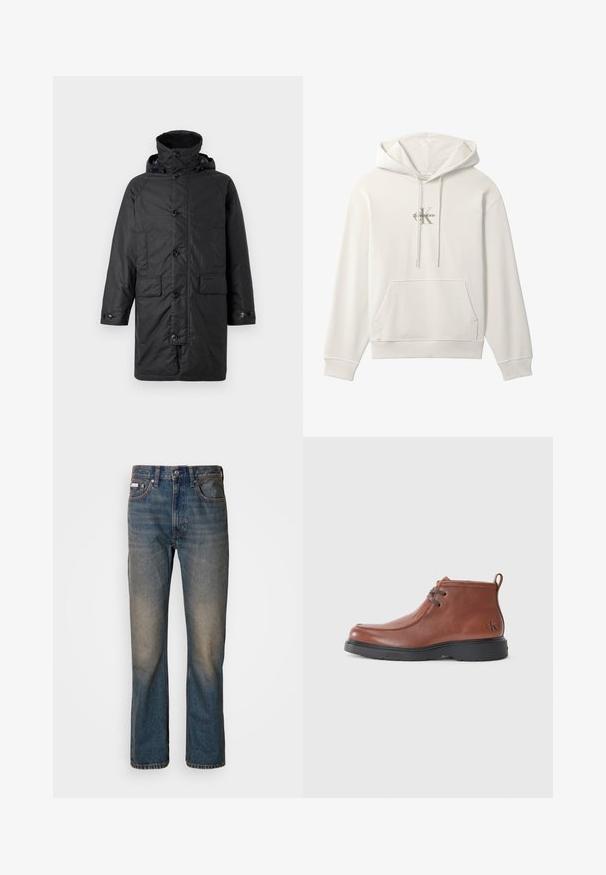 Barbour BEAUDALE WAX - Manteau d'hiver - navy; Sweat à capuche blanc avec poche avant et cordons, avec un petit logo Calvin Klein au centre de la poitrine.; Jean taille haute bleu en denim, avec une coupe droite, des patchs décolorés et usés, et un style traditionnel à cinq poches.; Bottines en cuir marron avec une embout rond, des détails de lacets et une semelle en caoutchouc noire. Logo notable sur le talon et accents de couture.