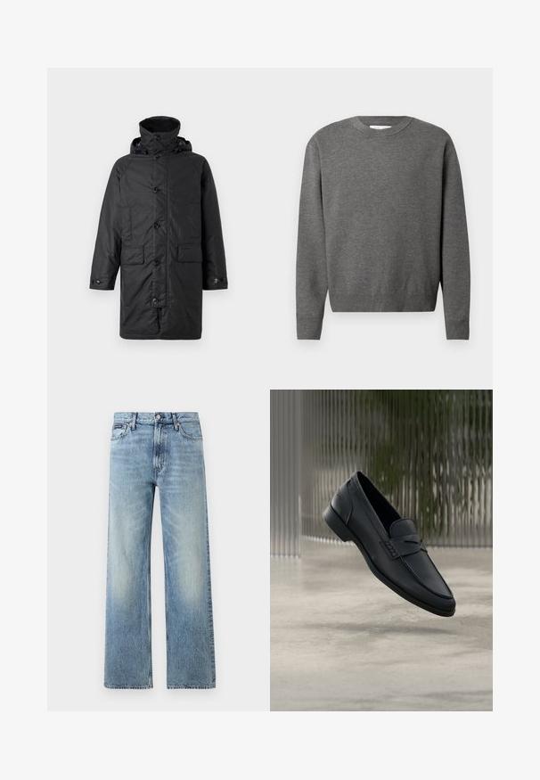 Barbour BEAUDALE WAX - Wintermantel - navy; Grauer Rundhals-Pullover aus weichem Strickmaterial. Mit langen Ärmeln und gerippten Bündchen und Saum. Minimalistisches Design ohne sichtbare Logos.; Hellblaue Jeans mit geradem Bein, hohem Bund, fünf Taschen, Knopfverschluss und dezentem Verblassen an Oberschenkeln und Knien.; Schwarzer Lederloafer mit glatter Oberfläche, spitzer Zehenpartie und gestickten Details über dem Spann. Niedriger Absatz und minimalistisches Design.