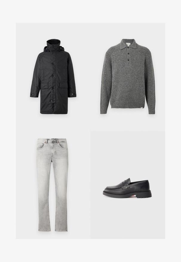 Barbour BEAUDALE WAX - Wintermantel - navy; Grauer gestrickter Pullover mit Polokragen, Fünf-Knopf-Leiste, langen Ärmeln und gerippten Bündchen; zeichnet sich durch einen strukturierten Stoff mit dezenten Sprenkeln aus.; Hellgraue Denim-Jeans mit geradem Schnitt, ausgewaschener Optik, fünf Taschen und Reißverschluss. Mit dezenten Steppnähten.; Schwarze Leder-Lenker mit runder Spitze, erhobenem Naht und dicker Gummisohle. Schlichtes Design mit minimaler Markenpräsenz an der Seite.