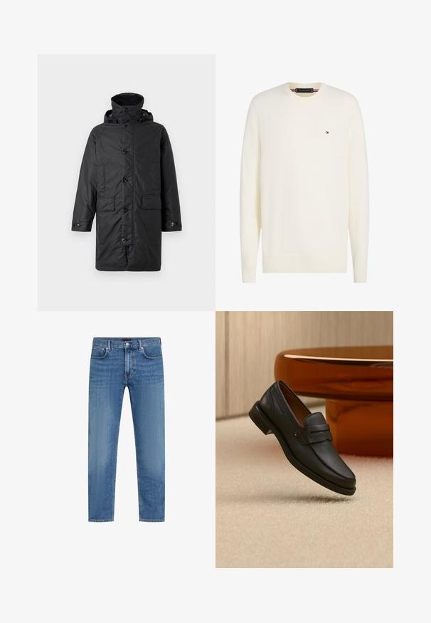 Barbour BEAUDALE WAX - Wintermantel - navy; Roomkleurige trui met lange mouwen en ronde hals met klein Tommy Hilfiger vlaglogo op de linkerborst en geribbelde boorden en zoom.; Blauwe recht gesneden denim jeans met vijf zakken, knoop- en ritssluiting, en subtiele vervaging op de dijen.; Zwarte leren herensloffen met een band over de bovenkant, getoond op een beige tapijt vlakbij een bruine moderne ronde tafel.