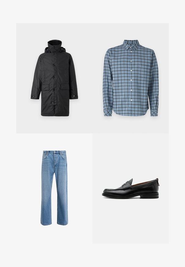 Barbour BEAUDALE WAX - Wintermantel - navy; Hemd aus gewobenem Baumwollstoff, blau-schwarz kariert, mit langen Ärmeln, Kragen, weißen Knöpfen und verstellbaren Manschetten.; Helle blaue Jeans im Geradeschnitt-Design, mit fünf Taschen, Knopfverschluss, minimaler Ausbleichung und kontrastierenden Nähdetails.; Schwarzer Leder-Herrenschuh mit Mokassinnaht, Penny-Riemen, strukturiertem Kragen und niedrigem gestapeltem Absatz auf weißem Hintergrund.