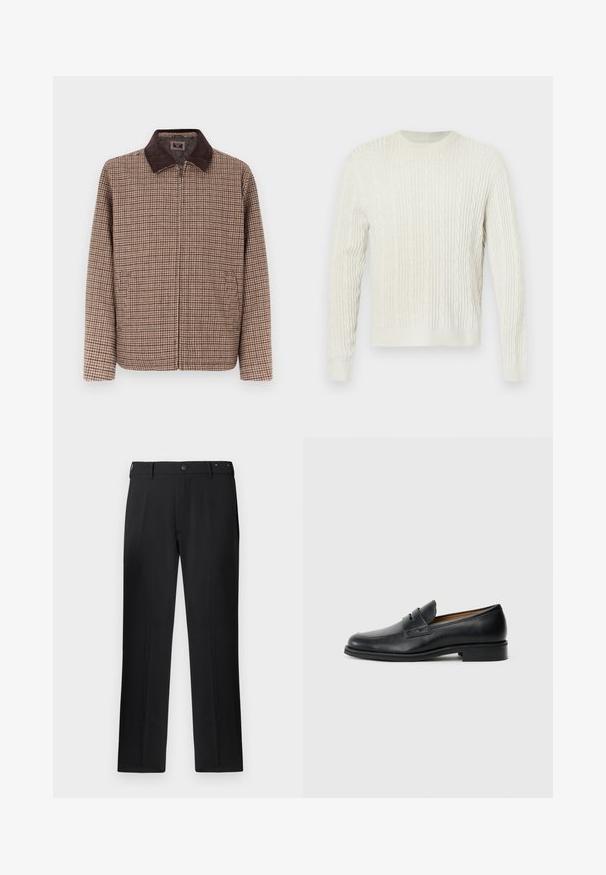 Veste à carreaux marron avec un col en velours côtelé marron foncé, dotée d'une fermeture éclair à l'avant et de deux poches latérales. Le textile a une texture lisse.; Pull en maille torsadée crème avec un col rond et des poignets et un ourlet côtelés. Le design texturé ajoute de la profondeur au tissu.; Pantalons noirs avec une coupe droite, fermeture à bouton et passants de ceinture, avec une texture lisse et sans motifs ni accents visibles.; Mocassins en cuir noir avec un bout arrondi, présentant un détail de sangle à l'avant et un petit talon solide. Texture lisse et design épuré.